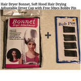 Hair Dryer Bonnet, Soft Hood Hair Drying Adjustable Dryer Cap & Free Bobby Pins!